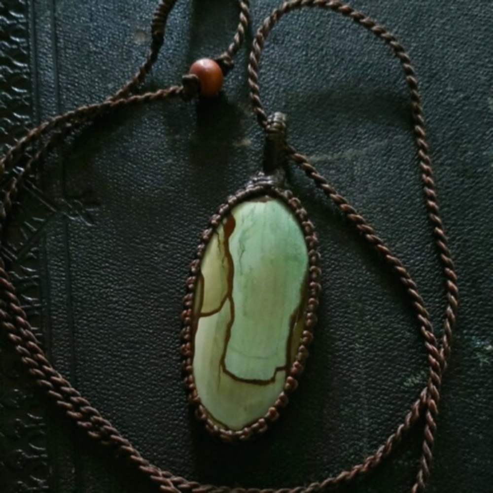 Polychrome Jasper Fairy Crystal Necklace - Sea Green Pendant Brown Macrame Cord